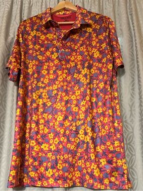 Pins and Aces Polo Shirt Men’s Large Golf Floral AOP Colorful Performance Flower